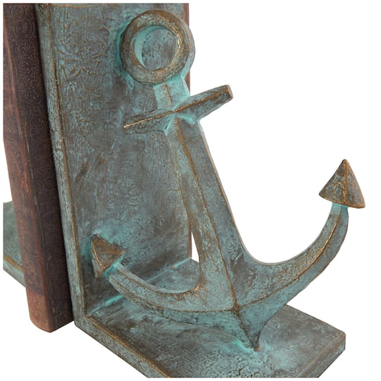 8.5" Blue Polystone Anchor Distressed Patina Bookends with Gold Foil Accents Set